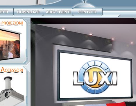 Impression dell'homepage del sito del produttore di schermi per videoproiettore Luxi